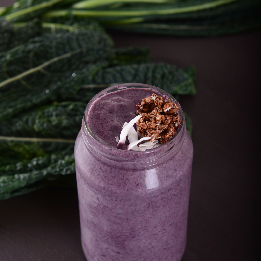 blueberry smoothie with granola on top