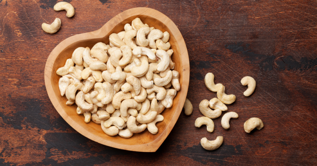 cashews in a heart shaped bowl