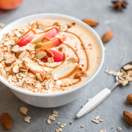white smoothie bowl with apples and caramel