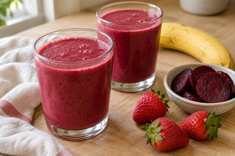 2 smoothie glasses with a bowl of beets and a banana
