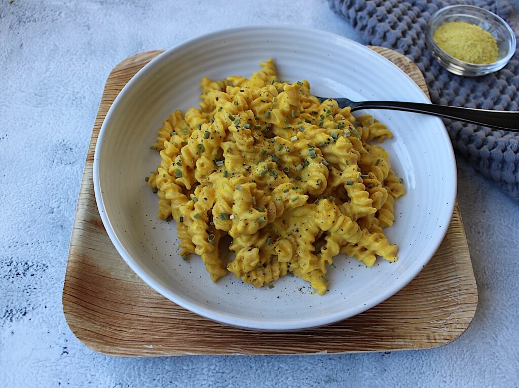 bowl of vegan cheese pasta